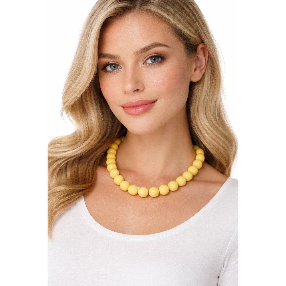 Yellow Chunky Bead Statement Necklace‎ Adjustable Silver Tone Extender 103-64